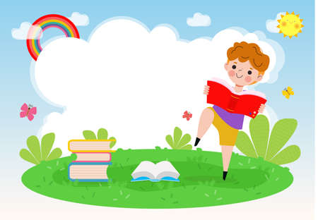 back to school with school kids reading book education concept, cartoon happy children background banner Template for advertising brochure, your text, child and frame isolated Vectのイラスト素材
