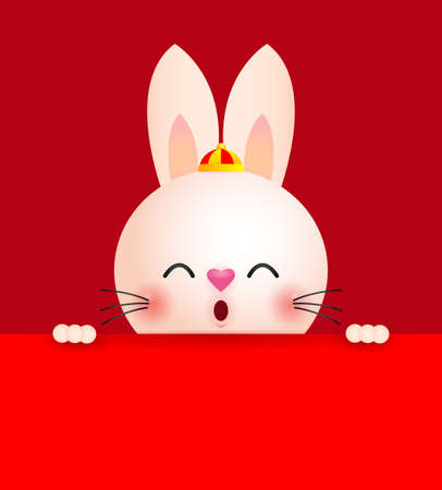 Happy Chinese new year 2023 year of the rabbit Little bunny with red big sign board, gong xi fa cai, zodiac Cartoon isolated on red background vector illustrationのイラスト素材