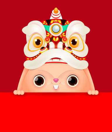 Happy Chinese new year 2023 year of the rabbit Little bunny with red big sign board, gong xi fa cai, zodiac Cartoon isolated on red background vector illustrationのイラスト素材