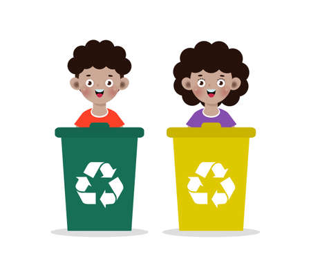 african american Kids collect rubbish for recycling, Child Segregating Trash, recycling trash, Save the World, recycling isolated on white backgrounds vector Illustrationのイラスト素材