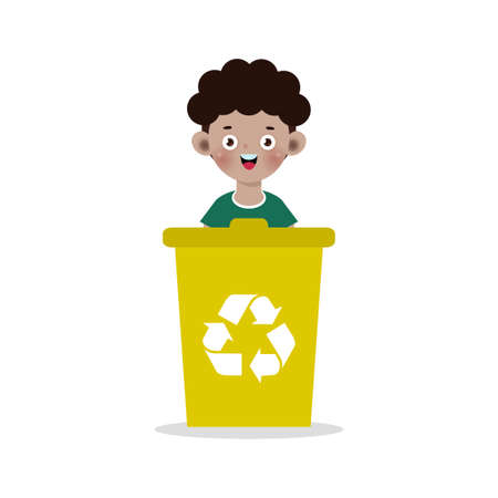 african american Kid collect rubbish for recycling, Child Segregating Trash, recycling trash, Save the World, recycling isolated on white backgrounds vector Illustrationのイラスト素材