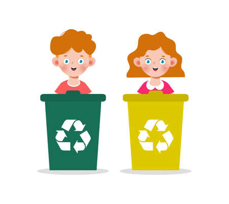 kids collect rubbish for recycling, Child Segregating Trash, recycling trash, Save the World, recycling isolated on white backgrounds vector Illustrationのイラスト素材