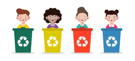kids collect rubbish for recycling, Child Segregating Trash, recycling trash, Save the World, recycling isolated on white backgrounds vector Illustrationのイラスト素材