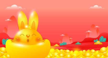 Happy Chinese new year 2023 greeting card cute rabbit with chinese gold ingots, year of the rabbit zodiac, cartoon character isolated vector Translate Happy New Yearのイラスト素材