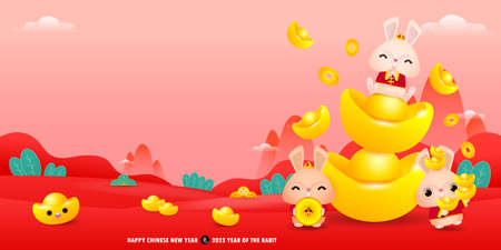 Happy Chinese new year 2023 greeting card cute rabbit with chinese gold ingots, year of the rabbit zodiac, cartoon character isolated vector Translate Happy New Yearのイラスト素材