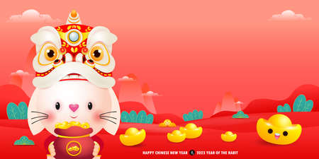 Happy Chinese new year 2023 greeting card cute rabbit with chinese gold ingots, year of the rabbit zodiac, cartoon character isolated vector Translate Happy New Yearのイラスト素材