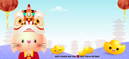 Happy Chinese new year 2023 greeting card cute rabbit with chinese gold ingots, year of the rabbit zodiac, cartoon character isolated vector Translate Happy New Yearのイラスト素材