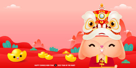 Happy Chinese new year 2023 greeting card cute rabbit with chinese gold ingots, year of the rabbit zodiac, cartoon character isolated vector Translate Happy New Yearのイラスト素材