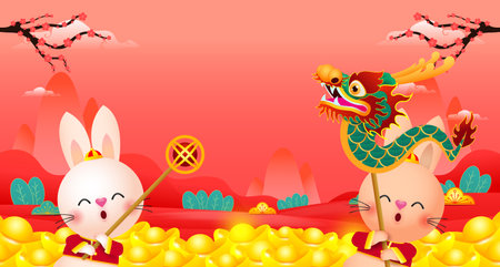 Happy Chinese new year 2023 year of the rabbit, cute Little bunny performs dragon Dance, gong xi fa cai, greeting card  Cartoon vector illustration isolated on white background, Trのイラスト素材
