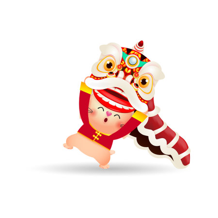 cute Little bunny with lion dance, Happy Chinese new year 2023 greeting card, the year of the rabbit zodiac, gong xi fa cai, calendar, Cartoon isolated white background vector illuのイラスト素材