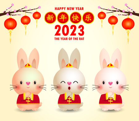 Happy Chinese new year greeting card 2023 cute rabbit with lion dance and chinese gold ingots, year of the rabbit zodiac, gong xi fa cai cartoon character isolated vector Translateのイラスト素材