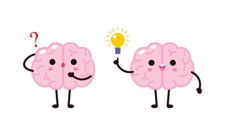 Cute funny cartoon human brain character with question mark and idea lightbulb, Vector illustration kawaii icon design Isolated on white backgroundのイラスト素材