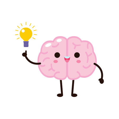 Cute funny human brain character with with light bulb , Vector illustration kawaii icon design Isolated on white backgroundのイラスト素材