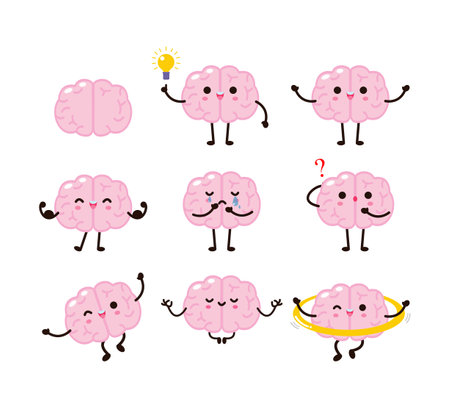 set of collection Cute funny human brain character cartoon Vector illustration kawaii icon design Isolated on white backgroundのイラスト素材