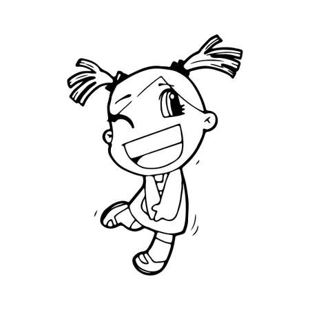 Cute happy cartoon doodle girl kids, child drawing sketch, children character isolated Vector Illustration on white backgroundのイラスト素材