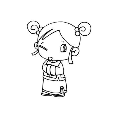 Cute happy cartoon doodle Chinese girl kids, child drawing sketch, children character isolated Vector Illustration on white backgroundのイラスト素材