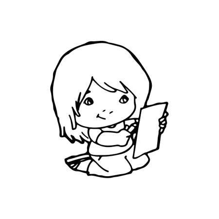 Cute happy cartoon doodle girl kids, child drawing sketch, children character isolated Vector Illustration on white backgroundのイラスト素材