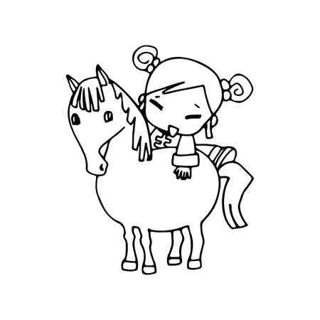 Cute happy cartoon doodle Chinese girl riding a horse, child drawing sketch, children character isolated Vector Illustration on white backgroundのイラスト素材