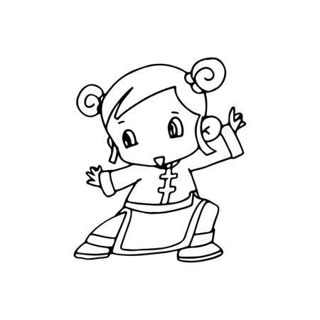 Cute happy cartoon doodle Chinese girl kids, child drawing sketch, children character isolated Vector Illustration on white backgroundのイラスト素材