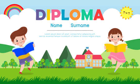 Diploma template for kids flat style, Certificates kindergarten and elementary, Preschool, isolated on background vector illustrationのイラスト素材