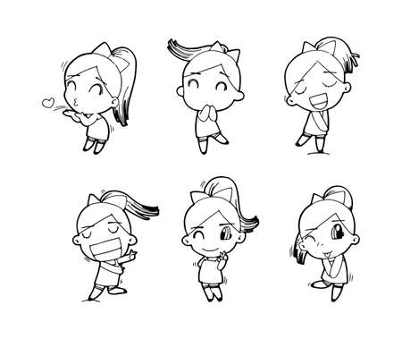 Set of Cute happy cartoon doodle girl kids, child drawing sketch, children character isolated Vector Illustration on white backgroundのイラスト素材