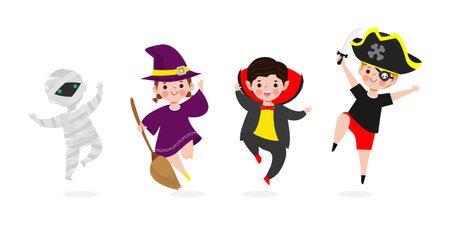 Happy Halloween Kids Costume Party. trick or treat, mummy, witch, dracula, pirate, Group of children in Halloween cosplay flat design isolated on white background Vector Illustratiのイラスト素材