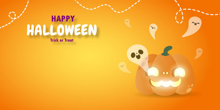Happy Halloween trick or treat paper cut style pumpkins and ghost, fun party celebration invitation banner template, poster background Vector illustrationのイラスト素材