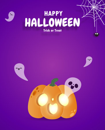 Happy Halloween trick or treat paper cut style pumpkins and ghost, fun party celebration invitation banner template, poster background Vector illustrationのイラスト素材