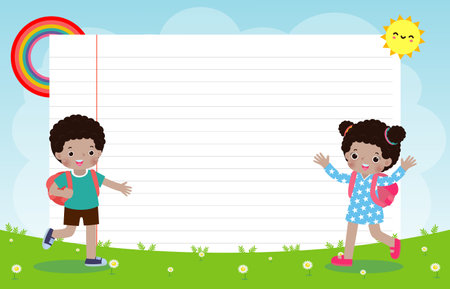 kids reading books, back to school, education concept, Template for advertising brochure, your text,Kids and frame,child and frame,Vector Illustration, cartoon happy children.Illusのイラスト素材