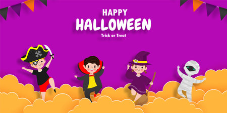 Happy Halloween trick or treat paper cut style kids costume fun party celebration invitation banner template, poster background Vector illustrationのイラスト素材