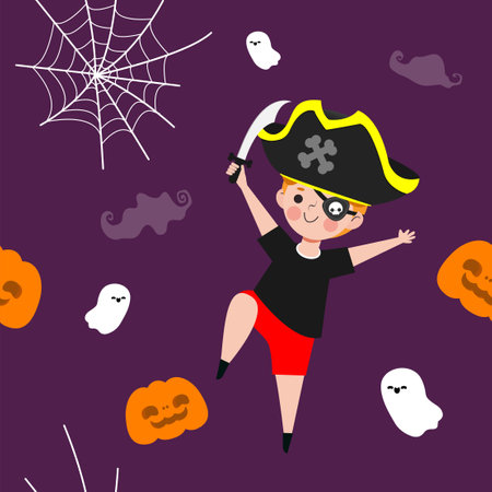 Happy halloween party seamless pattern with cute pirate trick or Treating background Holidays cartoon character flat style Vector illustrationのイラスト素材