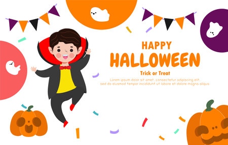 Happy Halloween trick or treat flat style dracula and fun party celebration invitation banner template, poster background Vector illustrationのイラスト素材