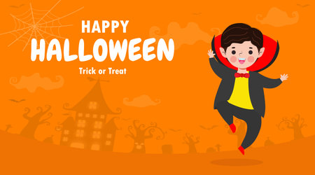 Happy Halloween trick or treat flat style dracula and fun party celebration invitation banner template, poster background Vector illustrationのイラスト素材