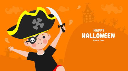 Happy Halloween trick or treat flat style pirate and fun party celebration invitation banner template, poster background Vector illustrationのイラスト素材