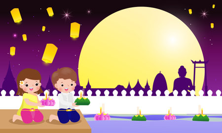Loy Krathong Festival banner concept with cute Thai people in National costume holding krathong in full moon night and lanterns Celebration and Culture of Thailand poster templateのイラスト素材