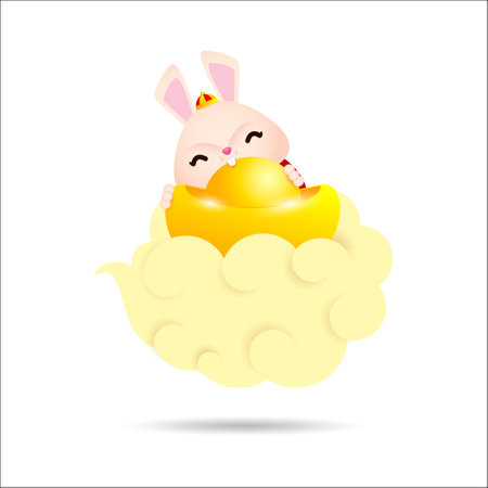 Happy Chinese new year 2023 rabbit riding a cloud and holding chinese gold ingots year of the rabbit zodiac, gong xi fa cai isolated on white background vector illustrationのイラスト素材