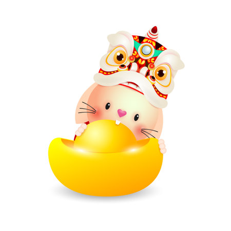 Happy Chinese new year 2023 greeting card, Cute Little rabbit and lion dance holding chinese gold Ingots, year of the rabbit zodiac, Little bunny gong xi fa cai, Cartoon isolatedのイラスト素材