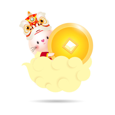 Happy Chinese new year 2023 rabbit riding a cloud and holding chinese coin gold year of the rabbit zodiac, gong xi fa cai isolated on white background vector illustrationのイラスト素材