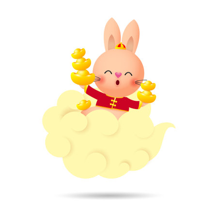 Happy Chinese new year 2023 rabbit riding a cloud and holding chinese gold ingots year of the rabbit zodiac, gong xi fa cai isolated on white background vector illustrationのイラスト素材