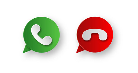 Accept and decline Green and red phone handset in chat bubble icon paper cut style on white background Calling and disconnection mobile talk sign on speech bubble design isolatedのイラスト素材