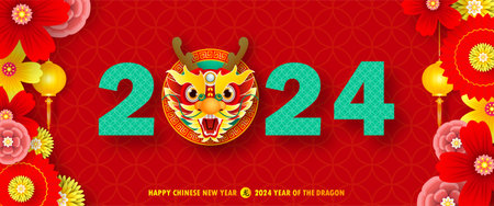 Happy chinese new year 2024 year of the dragon zodiac sign with flower,lantern, fan elements gong xi fa cai, greeting card paper cut style background vector illustration Translatioのイラスト素材