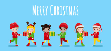 cute little children give present gift box for Merry Christmas and Happy new year Cartoon group kids characters flat design isolated on blue background vector illustrationのイラスト素材