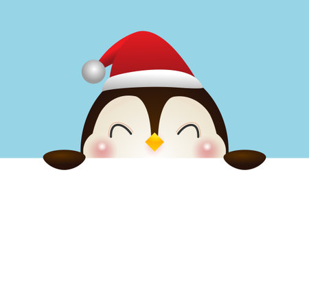 Merry Christmas and Happy new year poster, cheerful of penguin wearing christmas hats holding big sign board in Christmas snow scene winter banner, Xmas holiday party conceptのイラスト素材