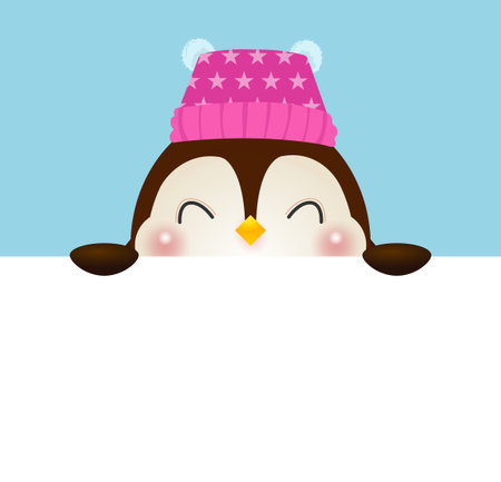 Merry Christmas and Happy new year poster, cheerful of penguin wearing christmas hats holding big sign board in Christmas snow scene winter banner, Xmas holiday party conceptのイラスト素材