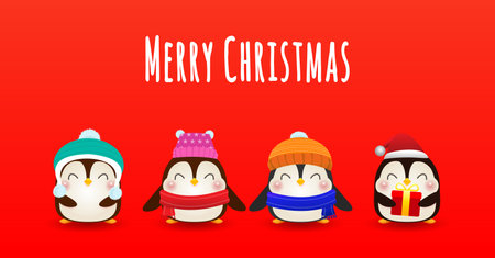 Merry Christmas, Happy new year, Cute Little group of Penguin with Santa Cap in Christmas snow scene winter banner, Xmas holiday concept isolated on red backgroundのイラスト素材