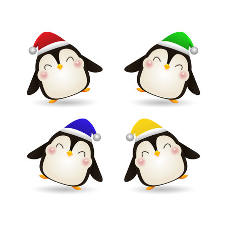 Merry Christmas and Happy new year Group of happy penguin wearing christmas hats santa claus with Christmas gifts isolated on white background poster Vector illustrationのイラスト素材
