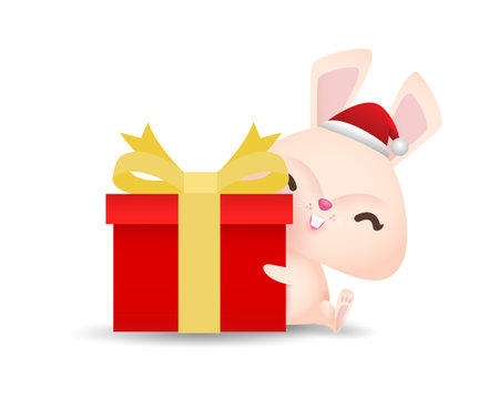Merry Christmas and Happy new year, and happy bunny rabbit wearing christmas hats santa claus or cap winter with Christmas gift box isolated on white background Vector illustrationのイラスト素材