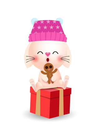 Merry Christmas and Happy new year, and happy bunny rabbit wearing christmas hats santa claus or cap winter with Christmas gift box isolated on white background Vector illustrationのイラスト素材