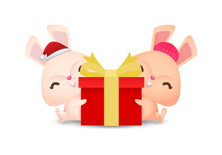 Merry Christmas and Happy new year, and happy bunny rabbit wearing christmas hats santa claus or cap winter with Christmas gift box isolated on white background Vector illustrationのイラスト素材