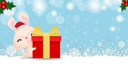 Merry Christmas and Happy new year, and happy bunny rabbit wearing christmas hats santa claus or cap winter with Christmas gift box isolated winter background Vector illustrationのイラスト素材